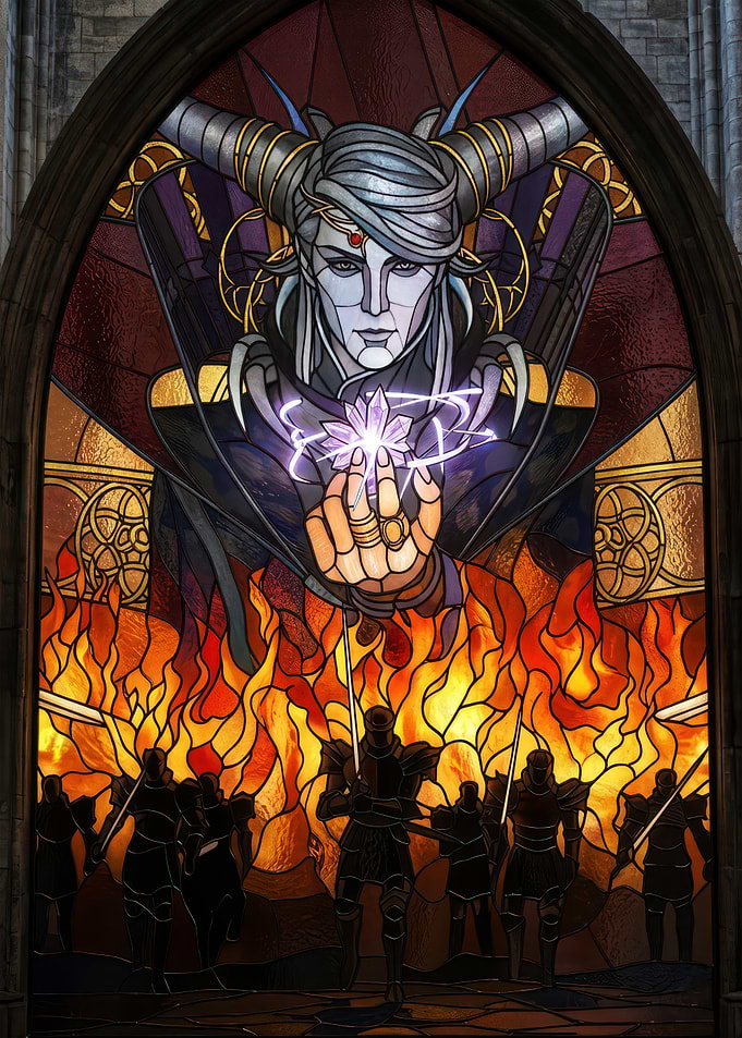 Stained Glass of a Horned Figure and Flames final fantasy