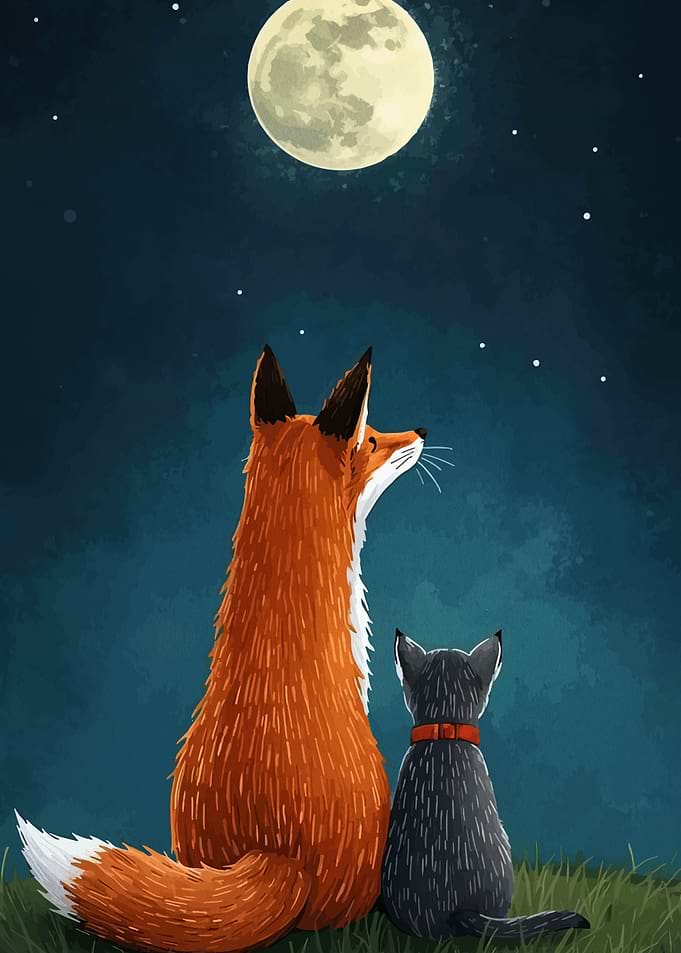 Fox and Cat Under the Moon