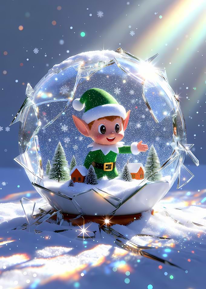 Christmas Elf in Broken Snow Globe