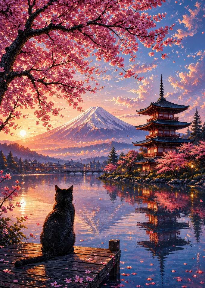 Cat Watching Mount Fuji at Sunset