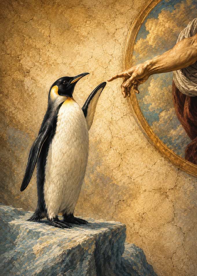 Penguin Reaching for Divine Hand
