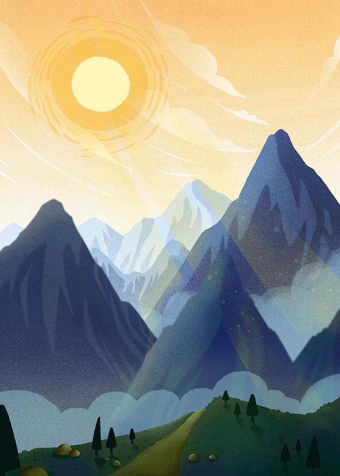 Sunrise over misty mountains
