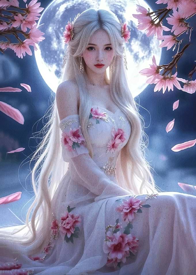 Ethereal Woman in Floral Dress Under Moon