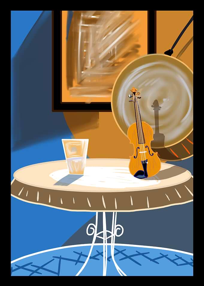 Violin and Drink on Table