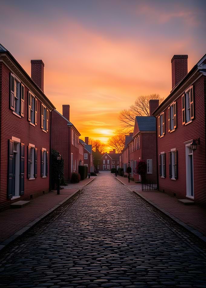 Cobblestone Street at Sunset