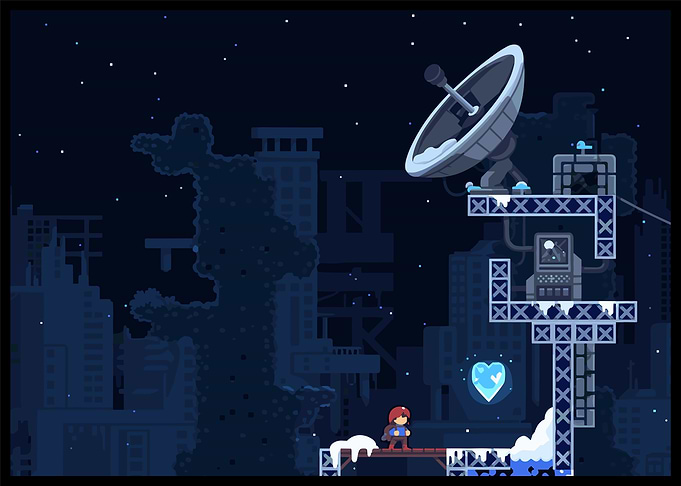 Pixel Art Character in Snowy Cityscape