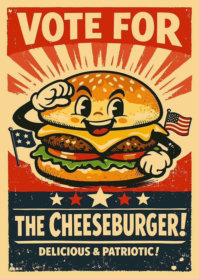 Vintage Cheeseburger Propaganda Poster Patriotic Funny Food Wall Art