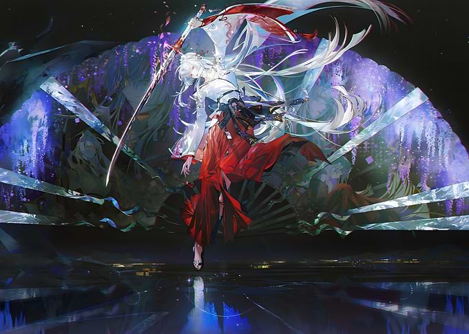 Anime warrior with sword and red skirt