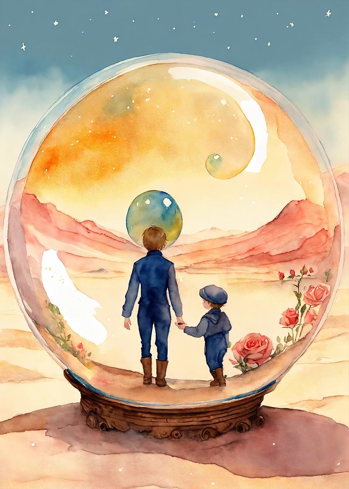Father and son in a snow globe