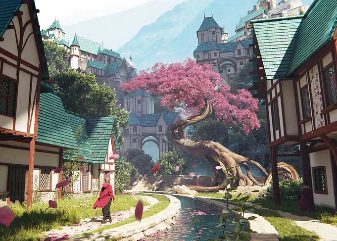 Fantasy Village with Cherry Blossom Tree