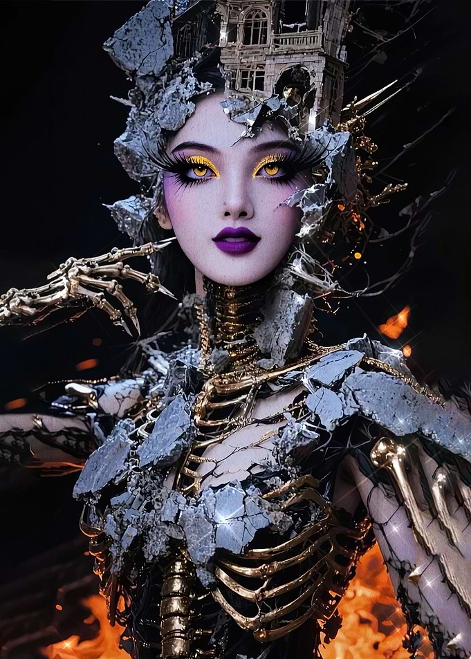 Gothic Skeleton Woman with Ruined Castle Headdress