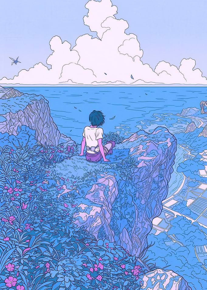 Person Sitting on Cliff Overlooking Ocean