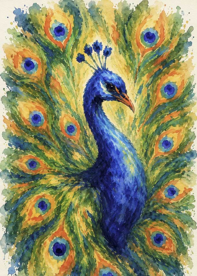 Watercolor Peacock with Fanned Tail