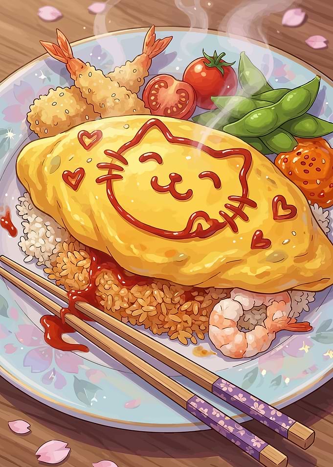 Cute Cat Omurice with Shrimp and Edamame