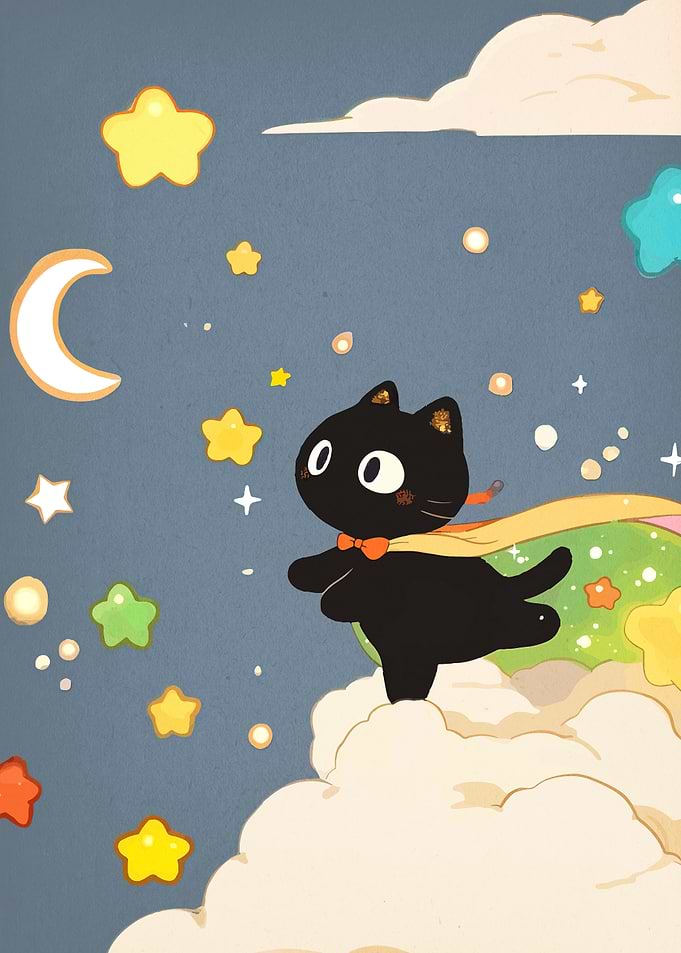 Cute Black Cat Flying with Stars