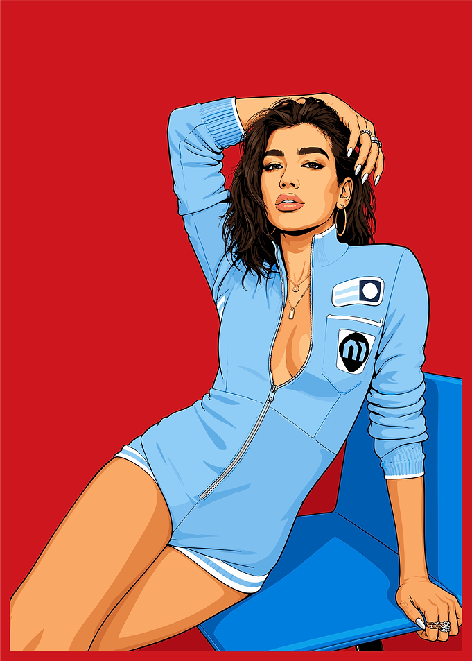 Dua Lipa in a blue jumpsuit