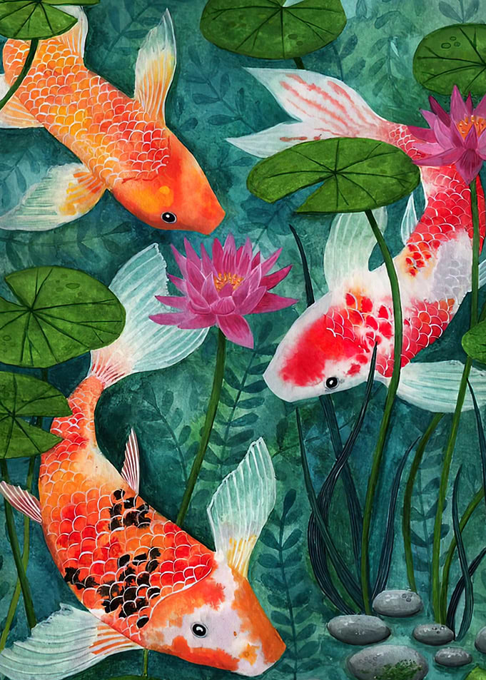 Koi Fish and Water Lilies Painting