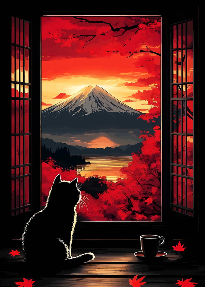 Cat watches Mount Fuji sunset