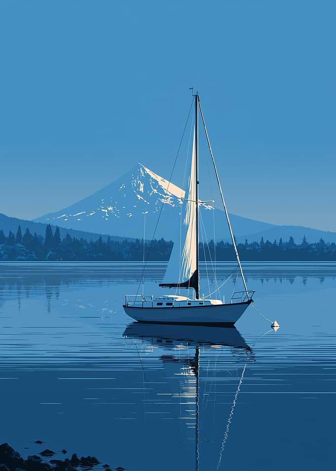Sailboat on a calm lake with a mountain backdrop