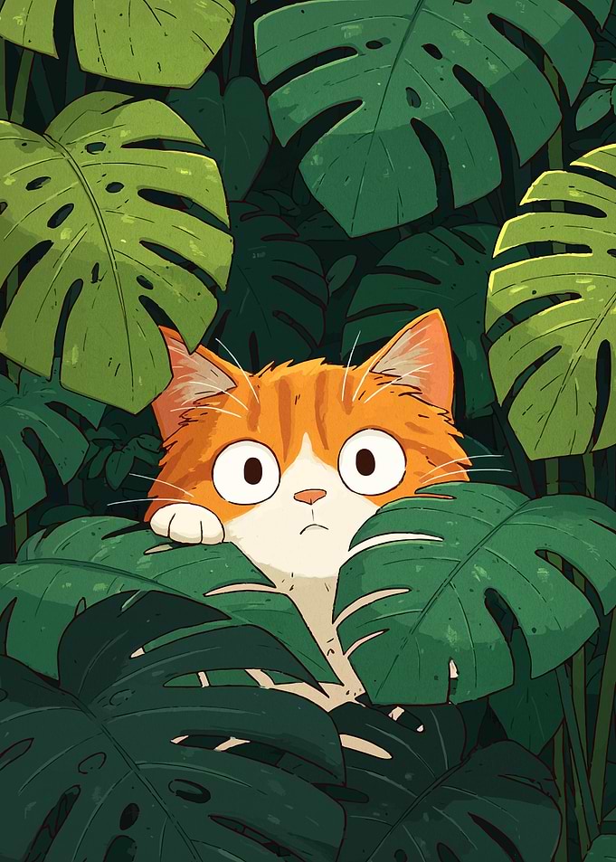 Orange Cat Peeking Through Leaves