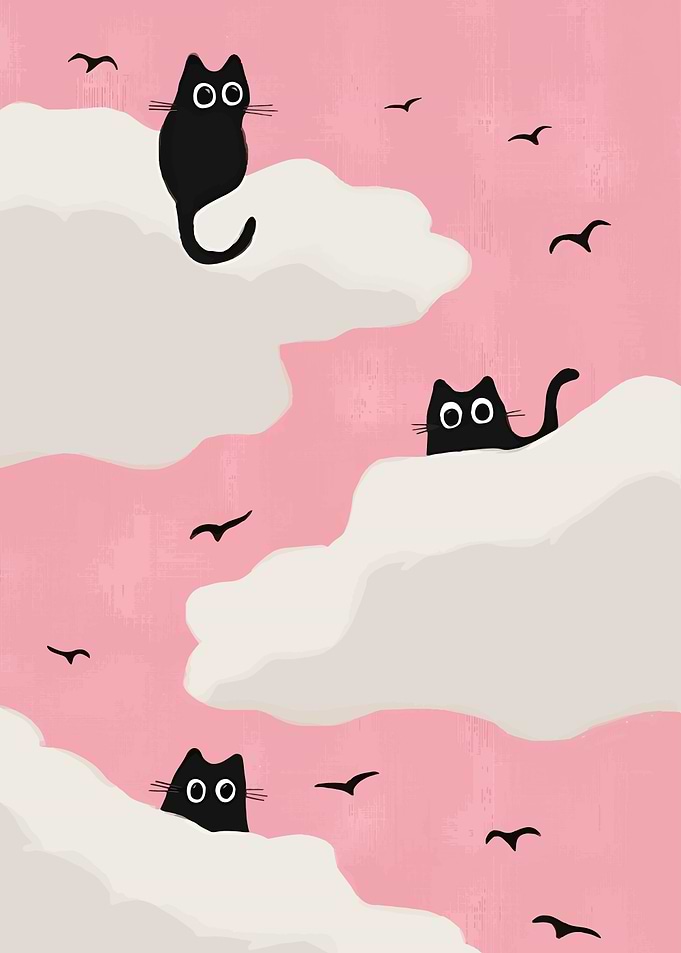 Black cats on clouds with birds