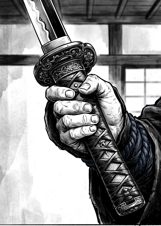 Hand holding a katana sword