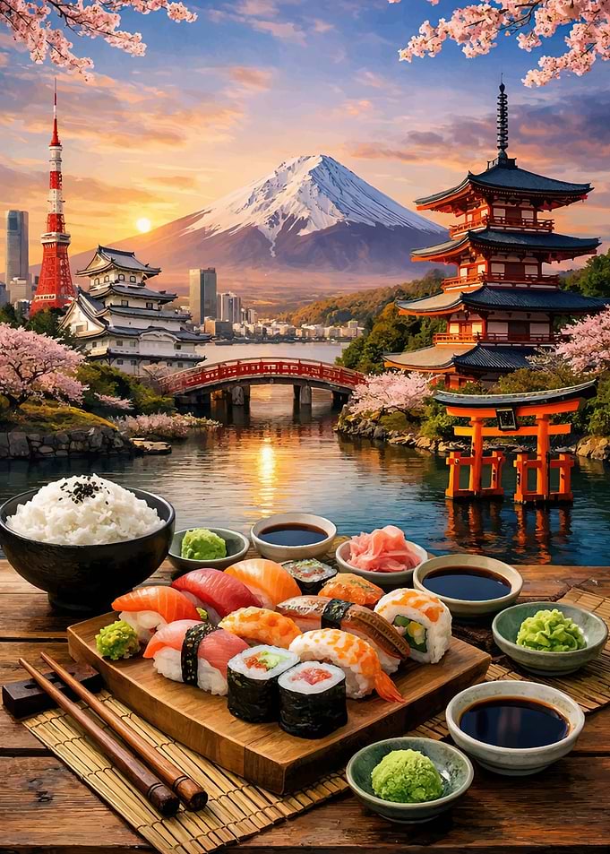 Japanese Landscape with Sushi