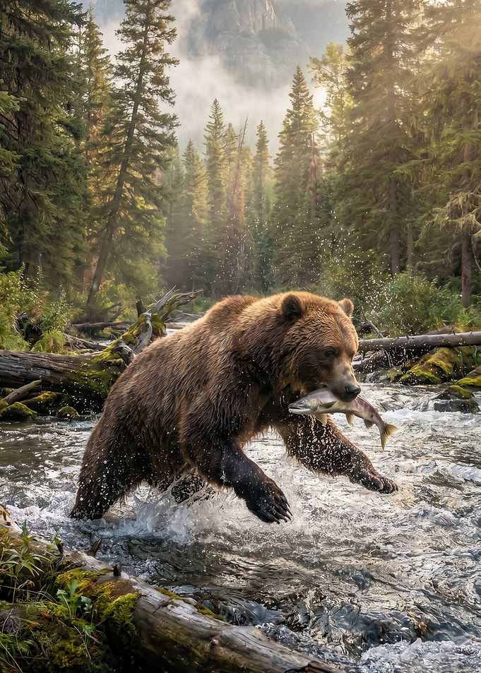 Grizzly Bear Catches Salmon in River