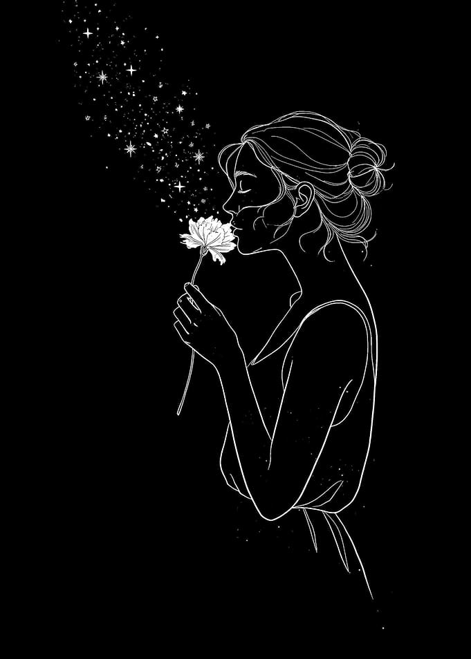 Woman smelling a flower with stars