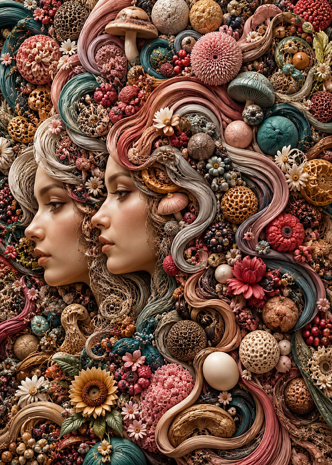 Surreal Faces Amidst Floral and Fungal Abundance