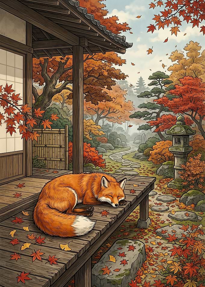 Red Fox Napping on Traditional Engawa