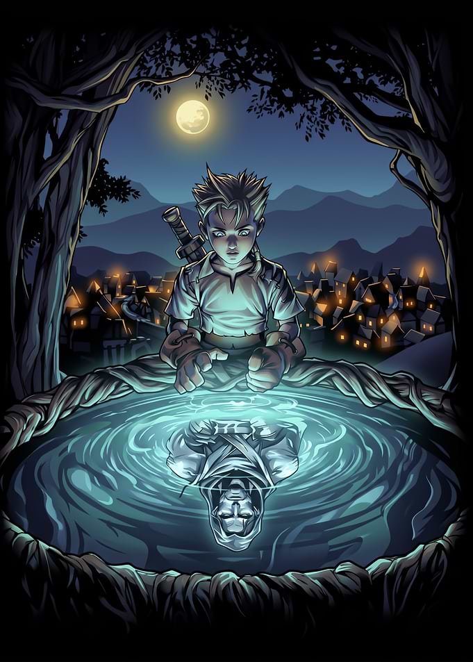 Boy's reflection in moonlit water