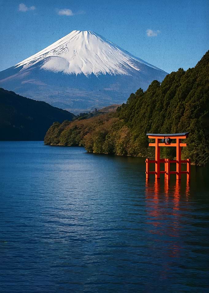 Torii Gate at Lake Ashi with Mount Fuji
