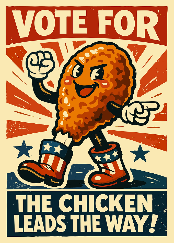 Vintage Patriotic Fried Chicken Propaganda Poster – Humorous Retro Wall Art