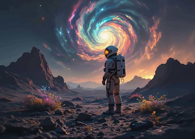 Astronaut Gazing at a Cosmic Swirl