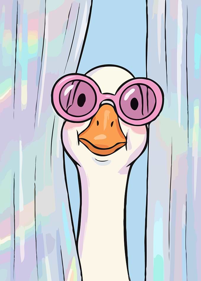 Goose Wearing Pink Sunglasses Peeking Through Curtains
