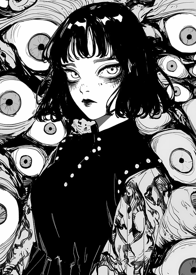Gothic Girl Surrounded by Eyes