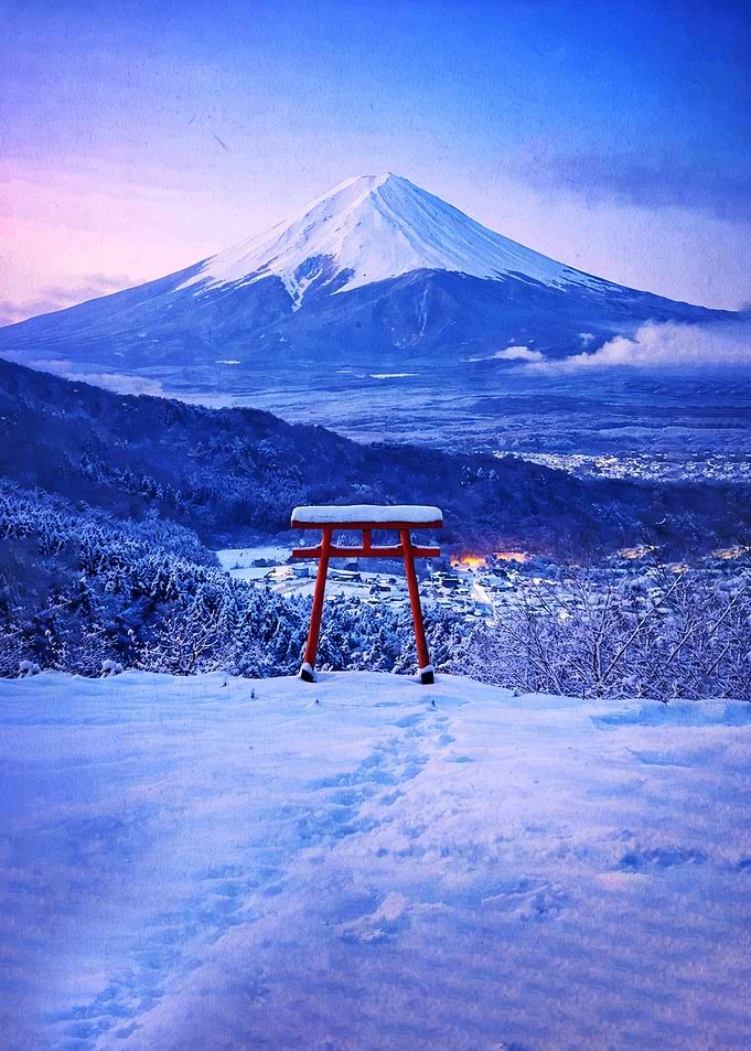 Snowy Mount Fuji with Torii Gate