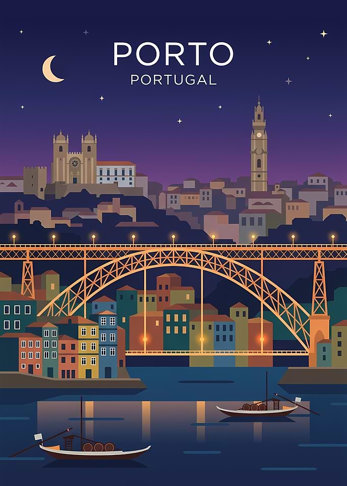 Porto, Portugal Cityscape at Night