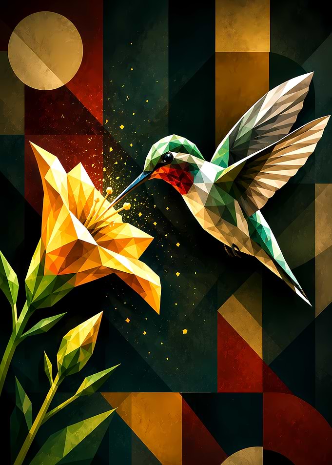 Hummingbird and Geometric Flower