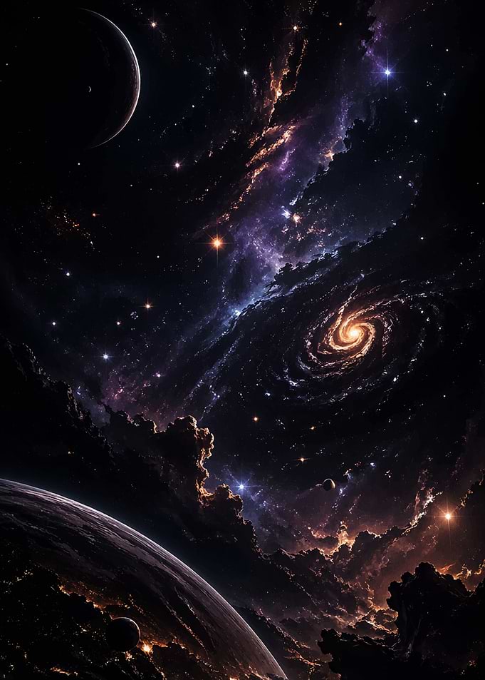 Cosmic Spiral Galaxy and Planets
