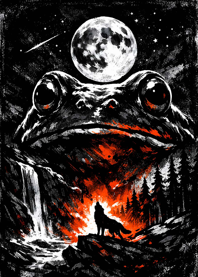 Giant Frog Overlooking Wolf and Waterfall