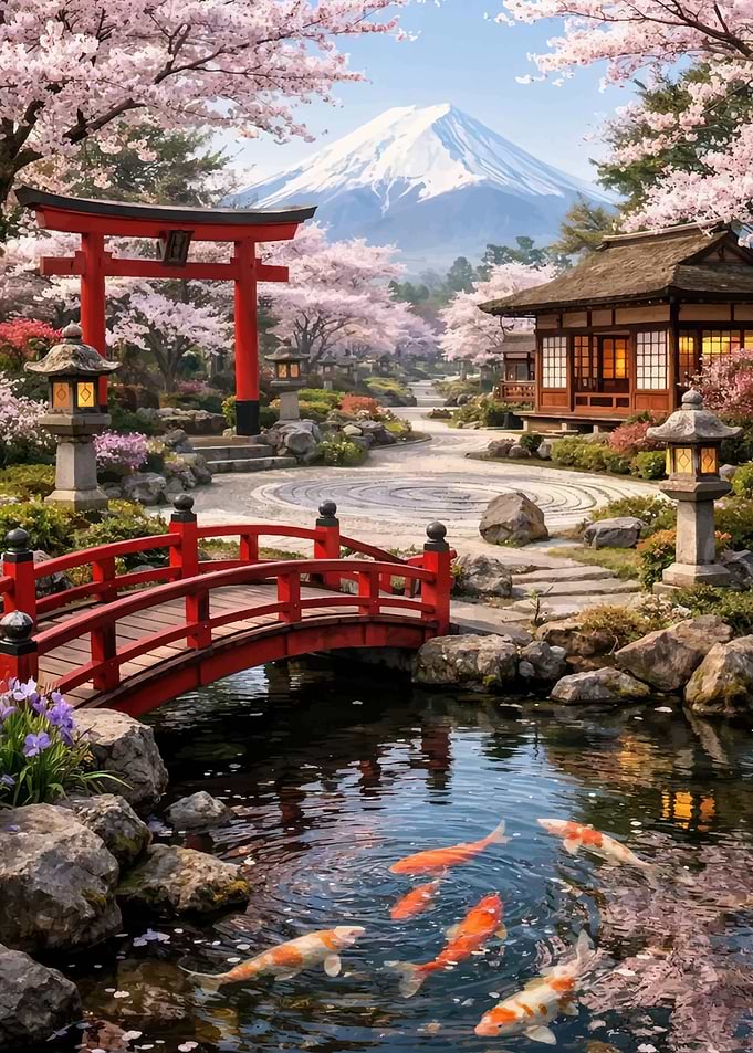 Serene Japanese Garden with Mount Fuji