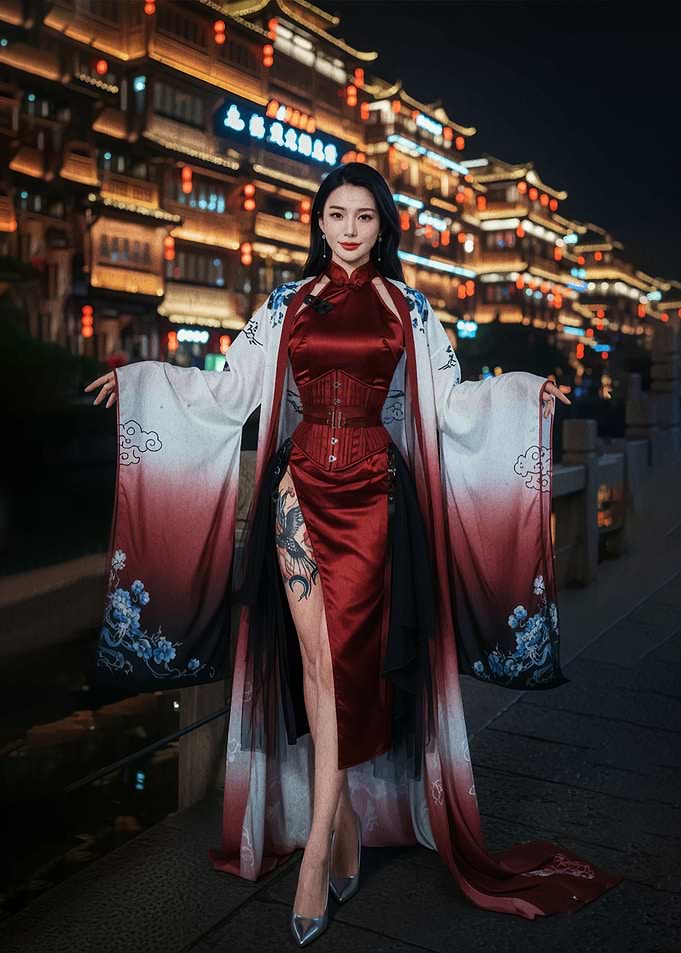 Woman in Red Dress and Kimono