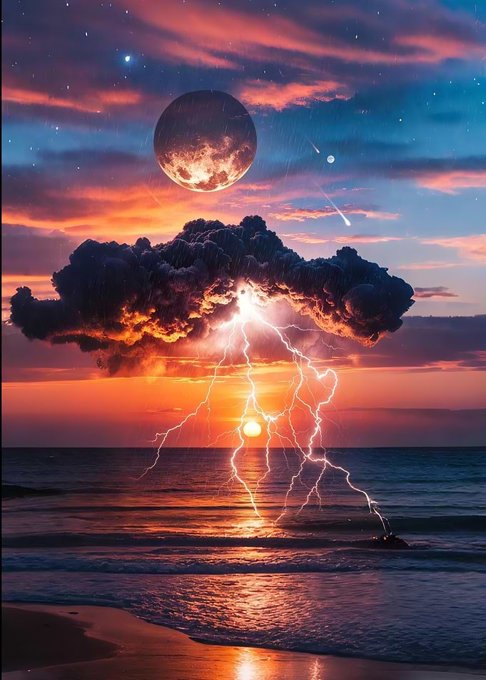 Cosmic Lightning Storm Over Ocean Sunset
