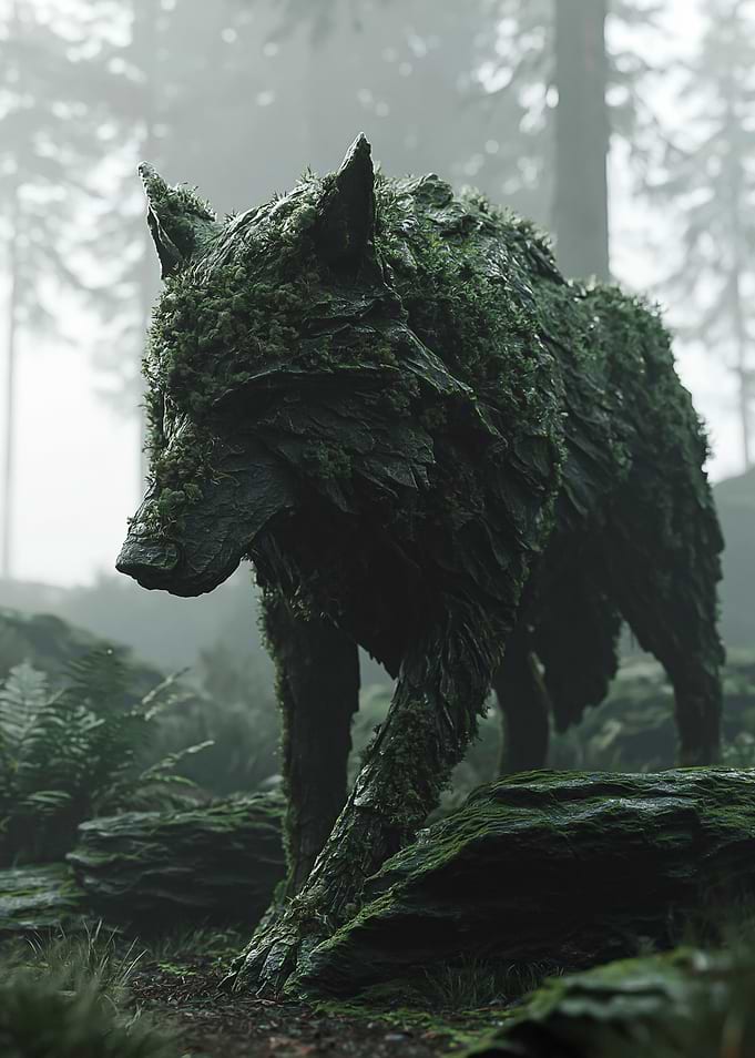 Moss-Covered Wolf in Misty Forest