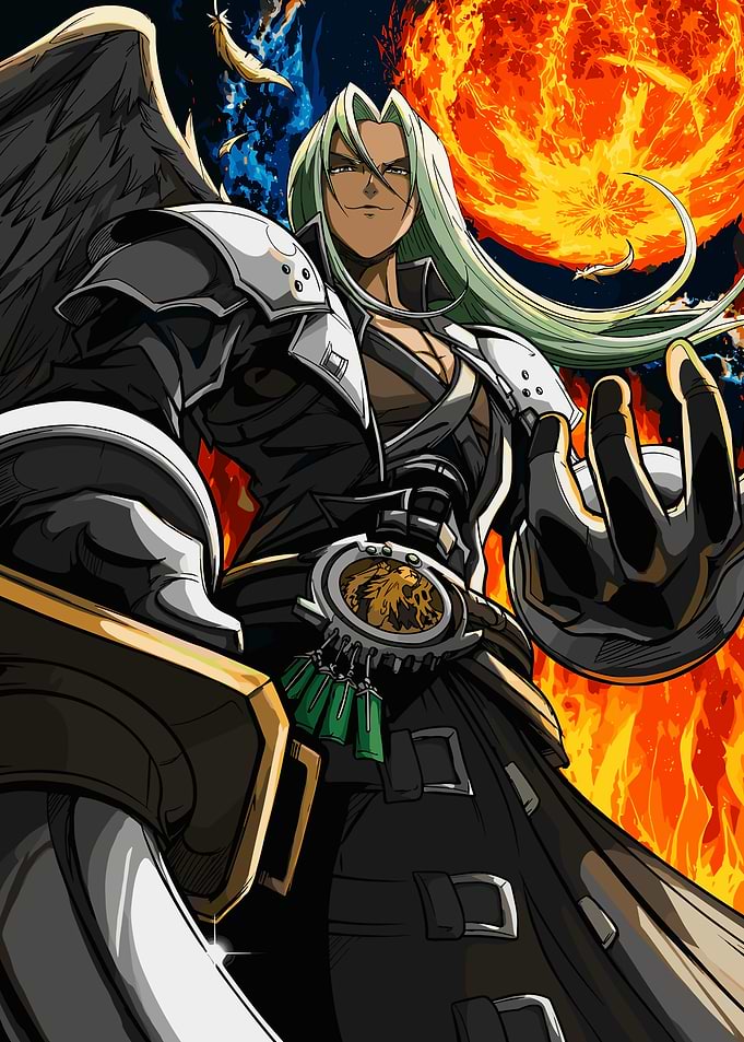 Sephiroth with Angel Wings and Fiery Background