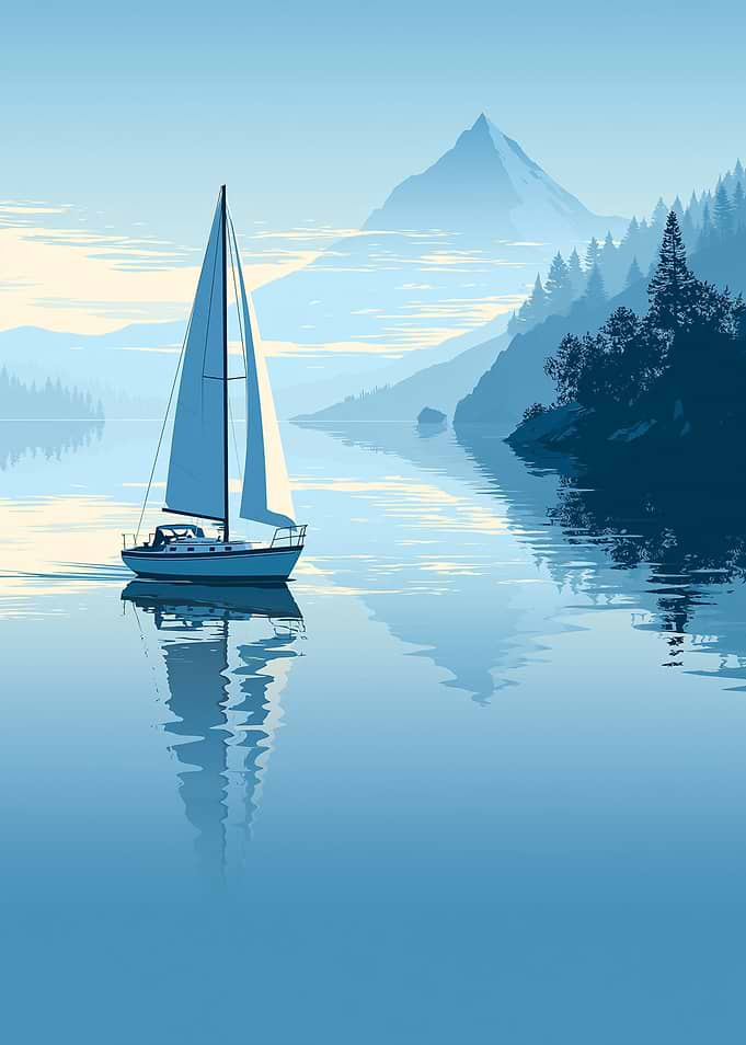 Sailboat on a serene lake with mountains