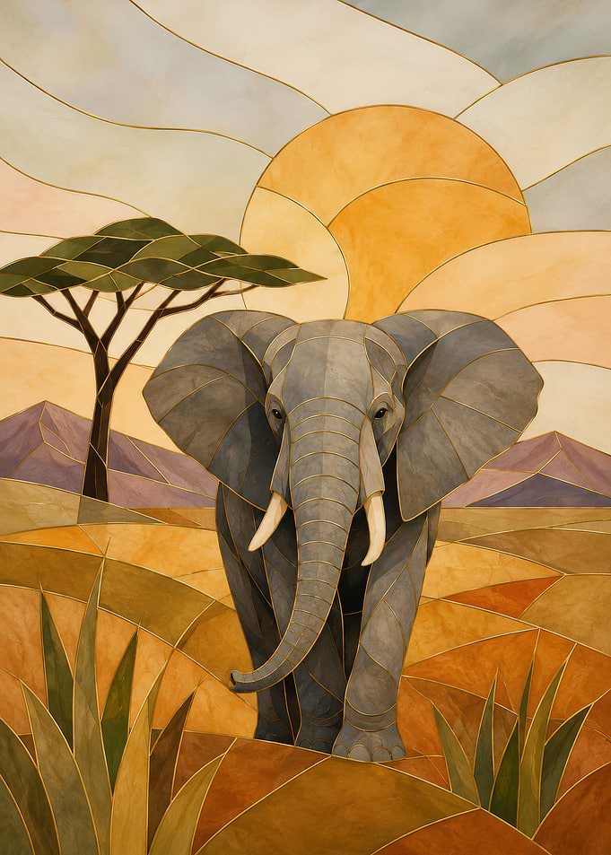 Stylized Elephant in African Landscape Stained Glass