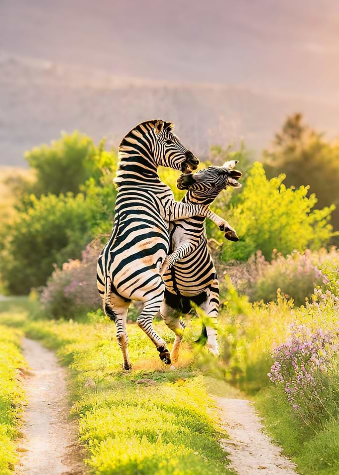 Zebras fighting in a field
